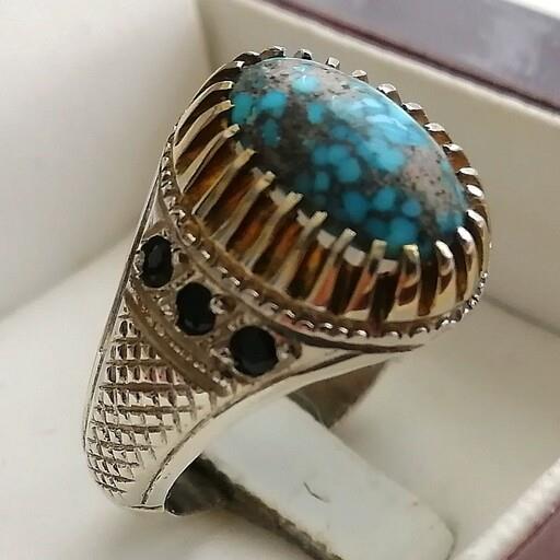 انگشتر فیروزه نیشابوری اصل رنگ محک زکاب دستساز مخراج یاقوت کبود افریقایی معدنی اصل